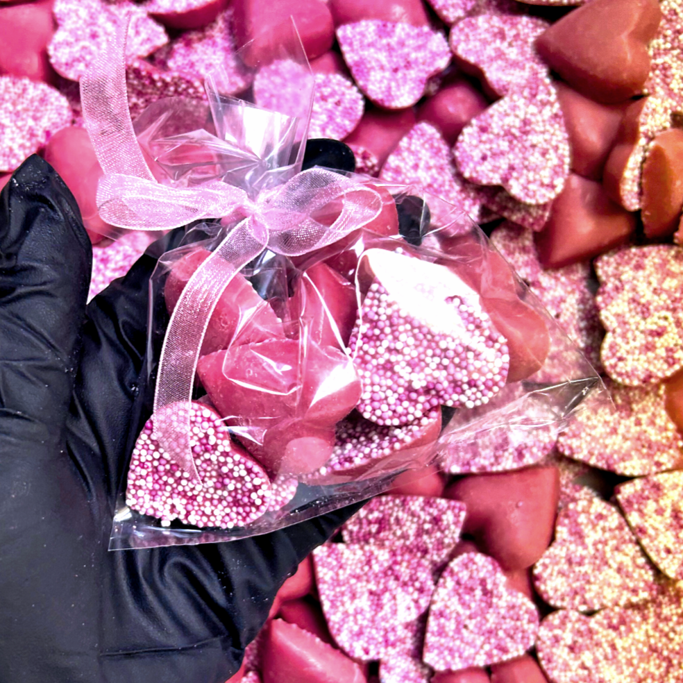 Pink Speckled Choc Hearts Bag - Pik n Mix Lollies NZ