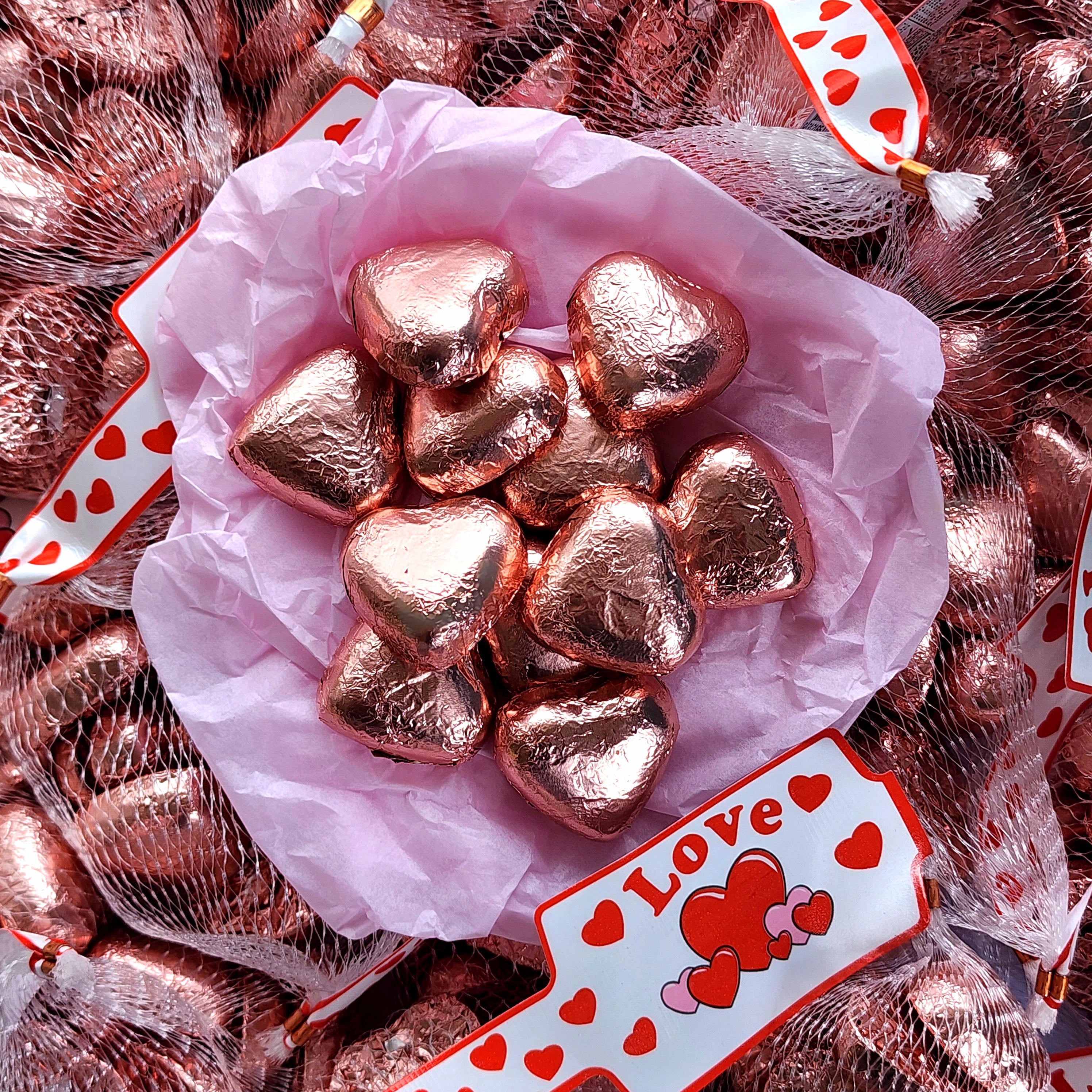 Rose Gold Wrapped Chocolate Hearts - Pik n Mix Lollies NZ
