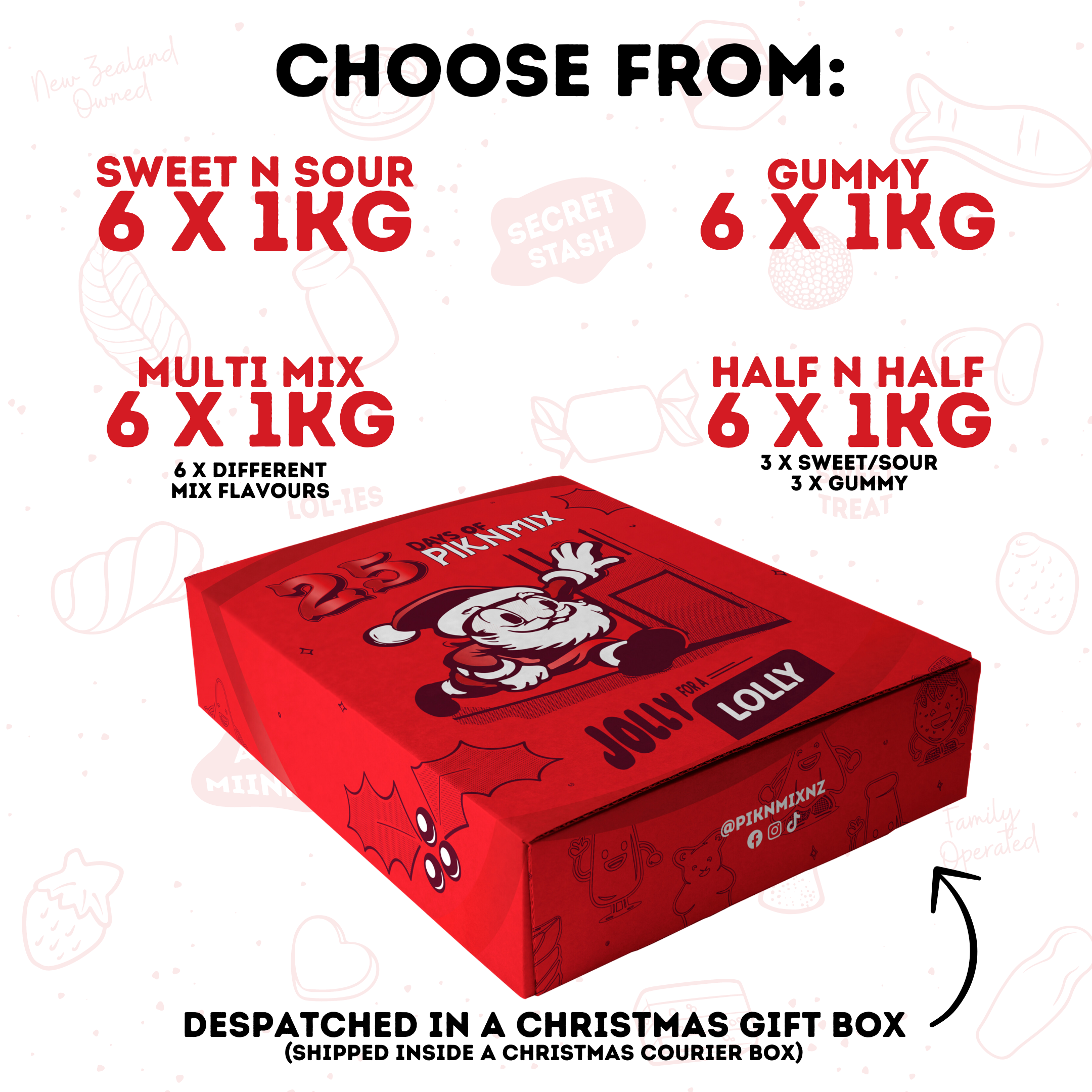 Christmas Bulk Gift Box - 6 x 1kg bags - Pik n Mix Lollies NZ