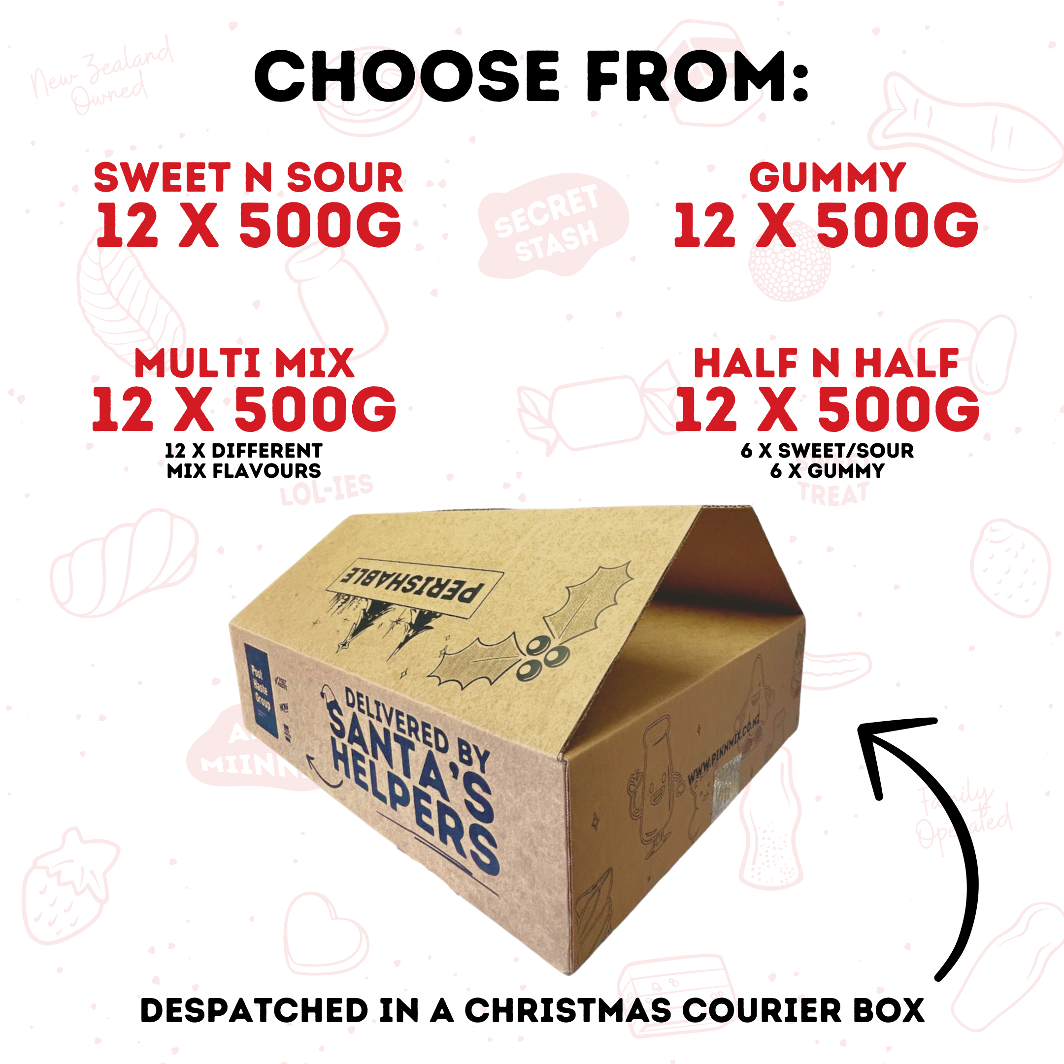 Christmas Bulk Box - 12 x 500g bags - Pik n Mix Lollies NZ