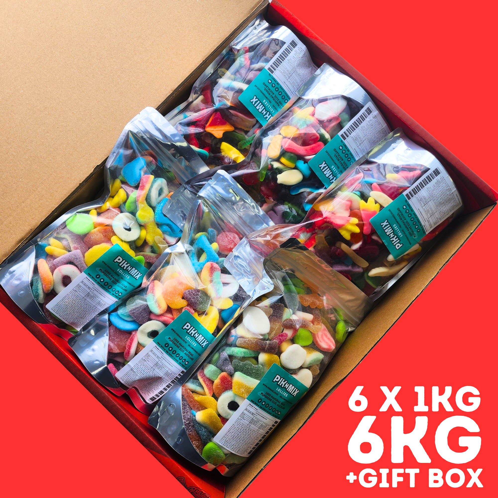 Christmas Bulk Gift Box - 6 x 1kg bags - Pik n Mix Lollies NZ