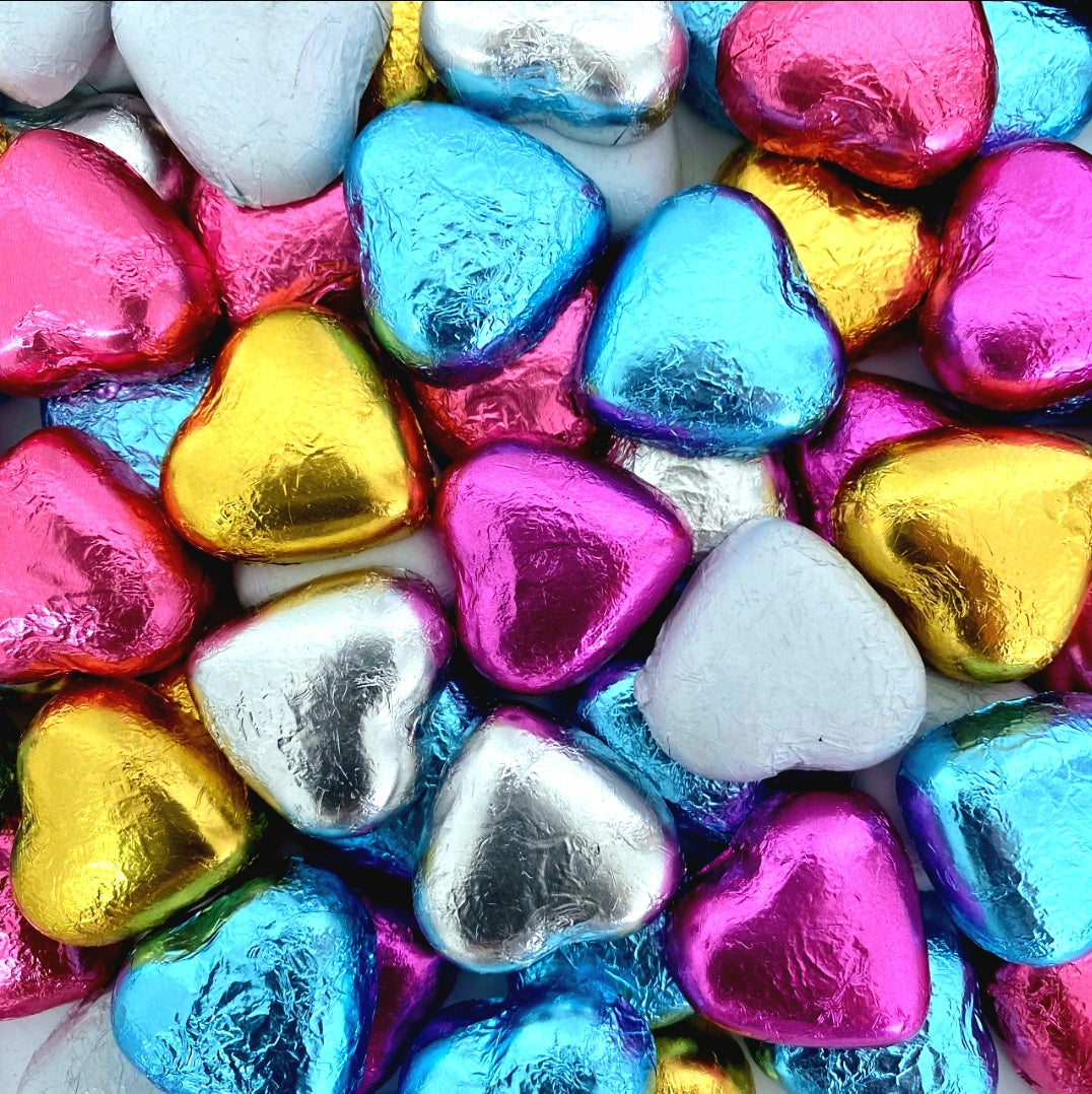 Pink, Blue, Gold, Silver & White Wrapped Choc Hearts - Pik n Mix Lollies NZ