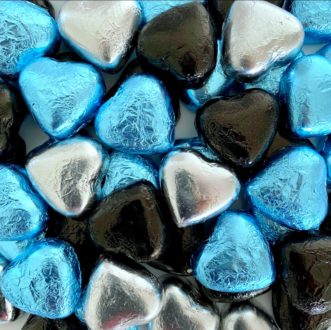 Blue, Black & Silver Wrapped Choc Hearts - Pik n Mix Lollies NZ